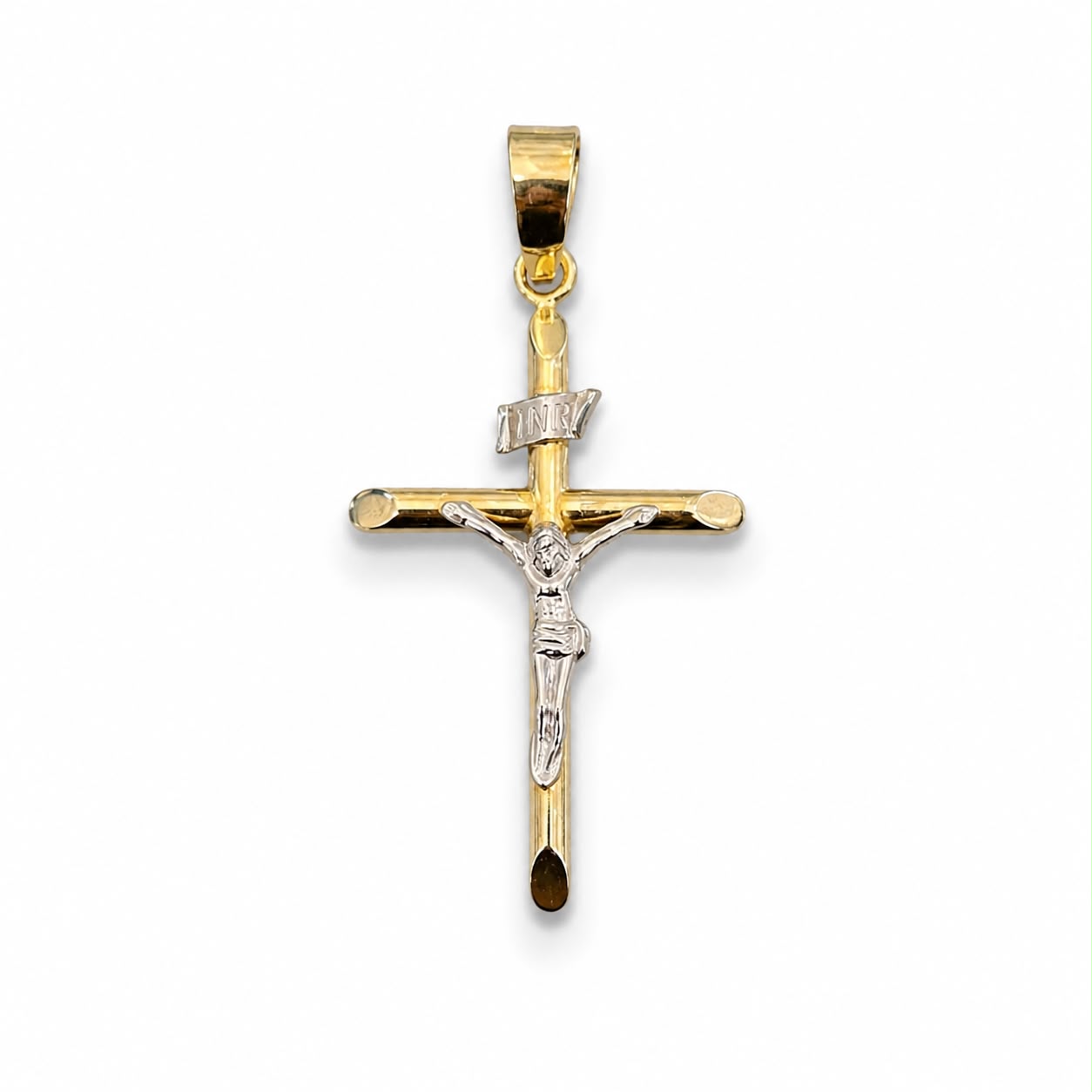 Dije Cruz con Cristo de Oro 18K y Detalles Rodinados